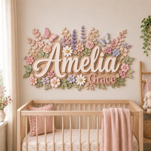 Personalized Wildflower Name Sign, 2 Layer Wood Nursery Decor, Floral Butterfly Baby Girl Wall Art, Newborn Gift, New Mom Dad, Baptism Gift