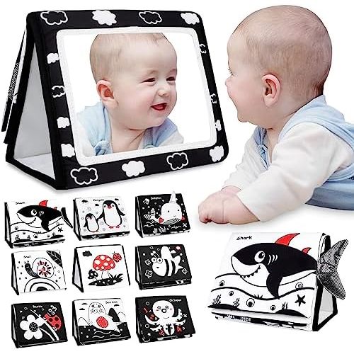Tummy Time Mirror Baby Toy: High Contrast Black and White Newborn Toys