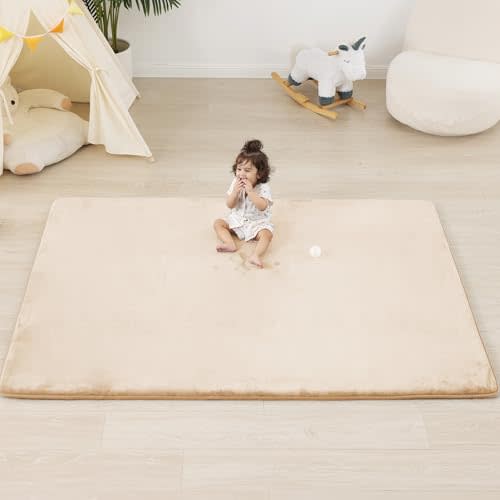 PAPAMAT 1.3" Thick Baby Floor Play Mat 59x79, Basic Padded Foam Mat for Tummy Time Crawling, Non Slip Cushioned for Babies Toddlers Infants Kids (Beige)