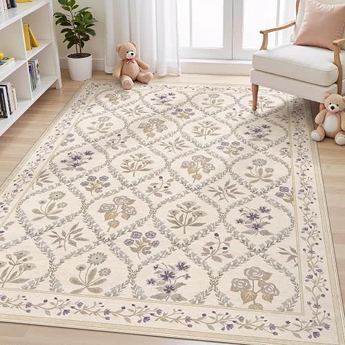 5x7 Area Rugs Washable Rug: Large Boho Living Room Rug Soft Non-Slip Thin Carpet Indoor Floor Non-Shedding Neutral Floral Carpets for Bedroom Dining Room Farmhouse Nursery Beige Flower