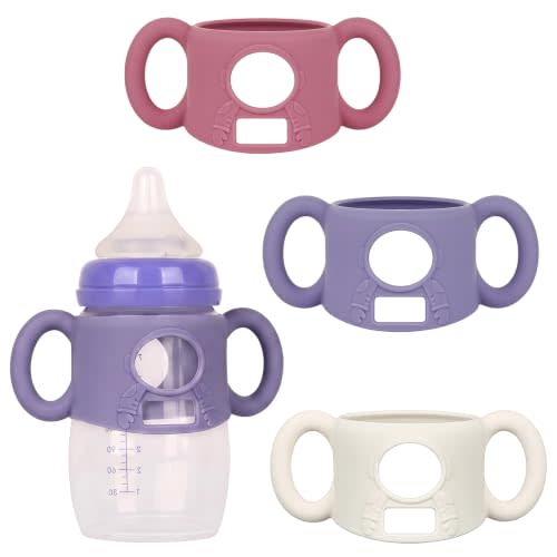 HUAKENER 3 Pack Baby Bottle Handles for Lansinoh PP Materia Baby Bottles | Silicone Handles Compatible with Lansinoh Anti-Colic 8oz and 5 oz PP Material Baby bottle (White+Pink+Purple）