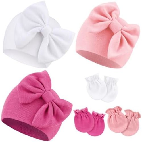 Newborn Baby Hats and Mittens Set Infant Bow Beanie Cap Toddler Gloves Newborn Hospital Hats for Baby Boy Girl Kid 0-6 Months