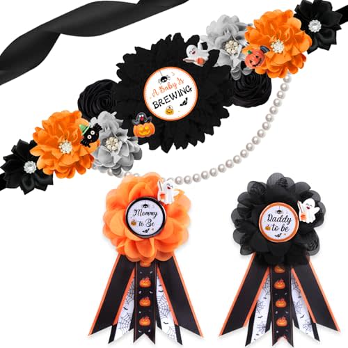 Orange Black Halloween Baby Shower Maternity Sash and Corsage Pin Set, A is Brewing Belly Belt, Mommy to Be & Daddy Corsage, Pregnancy Gender Reveal Party Photo Props Gift for New Parents