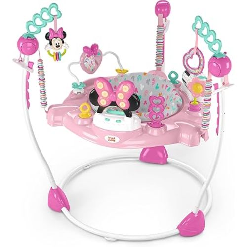 Bright Starts Disney Baby Minnie Mouse Forever Besties Baby Activity Center Jumper with 10 Toys, Lights & Sounds, 360-Degree Seat, 6-12 Months (Pink)