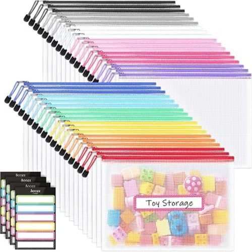 Sooez 36 Pack Mesh Zipper Pouch with Sticky Labels, A4 Mesh Bags Organizer