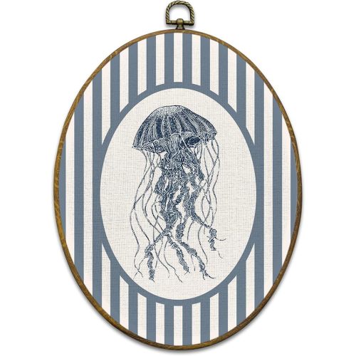 Mcehtle Coastal Beach Jellyfish Wall Art Decor, Ocean Beach Nursery Framed Canvas Prints 8.6x11.4, Blue Striped Jellyfish Ocean Oval Wall Hanging Artwork Decorations for Kids Nursery Room Bedroom Home