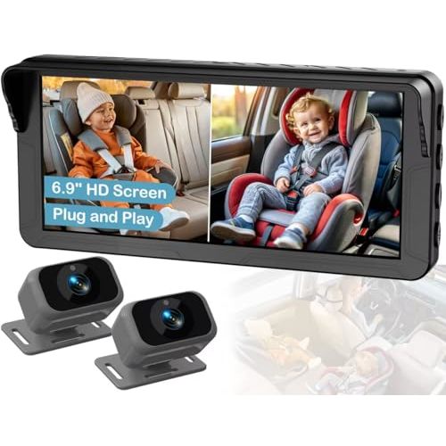 HD 1080P Baby Car Camera for 2 Kids: 5-Min Install for New Parents 6.9" Split Screen Dual Car Seat Camera & Invisible IR Night Vision for Twins & 2-Baby