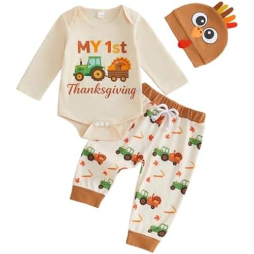 GOOCHEER My First Thanksgiving Baby Boy Outfit Turkey Long Sleeve Romper Pants Hat
