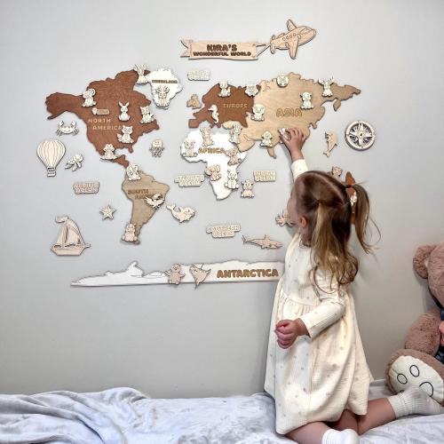 Personalized Wooden World Map: Safari Animals, Nursery Decor