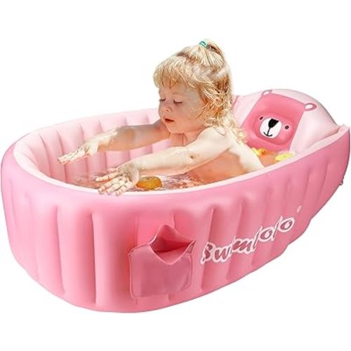 Inflatable Baby Bathtub Infant Anti-Slip Bath Seat Pool with Air Pump Travel Camping Portable Toddler Bath Tub Age 0-5 Years Old (Pink)