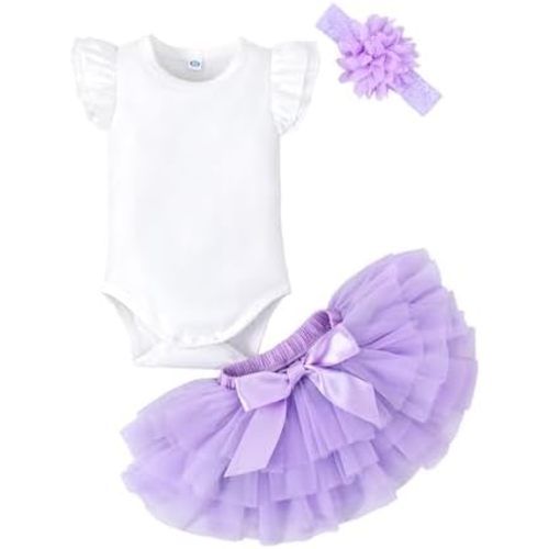 LYSMuch 0-24M Baby Girls Outfit Set Tutu Skirt with Diaper Cover Ruffle Sleeve Bodysuit Flower Headband