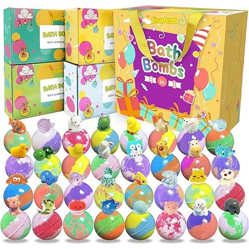 Bath Bombs for Kids with Surprise Inside, 32 Pack Kids Bath Bombs with Land & Sea Animal Toys, Girls Boys Easter Gifts, Handmade Fizzy Bubble Children Bath Ball Gift Easter Basket Stuffers, Birthday