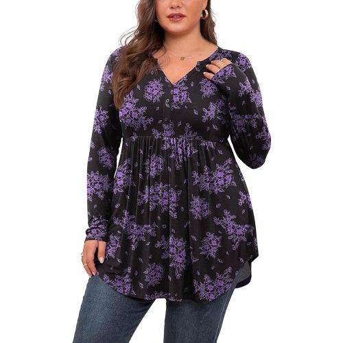 SHIJIALI Women's Plus Size Henley Shirts V Neck Button Tunic Tops Casual Long Sleeve Swing Flowy Blouse