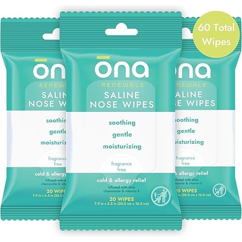 Ona Renewals Saline Nose Wet Wipes, Hydrates and Soothes, Made with Natural Saline with Aloe, Vitamin E, Chamomile, Hypoallergenic, Fragrance Free 20 Ct (Pack of 3)