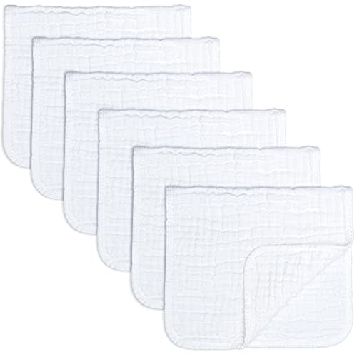 Muslin Burp ClothsLarge 100% Cotton Hand Washcloths 6 Layers Extra Absorbent and Soft by Comfy Cubs (White, 6-Pack, 20" X10" )