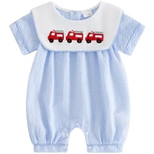 SSPalu Baby Boy Summer Striped Romper Fashionable Fire Truck Embroidery Short Sleeve Jumpsuits