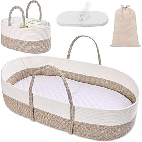 Changing Baskets Set,Moses Basket with Pad and Diaper Caddy,Set of 2 Baskets,Portable Cotton Rope Woven Basket,Replaceable Pad,Gifts for Newborn 28.7" x 15.7" x 7.8"（Brown）