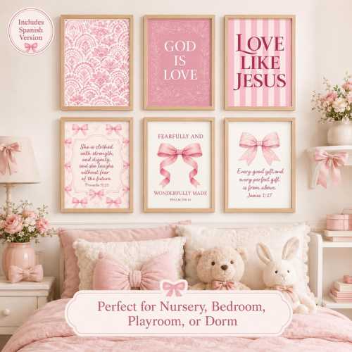 Pink Christian Wall Art Set of 6 – Scripture Prints for Girls Room & Nursery, Coquette Bow Bible Verse Decor, Instant Download