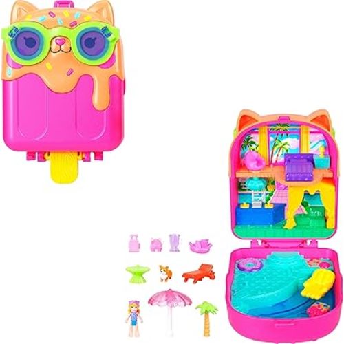 Polly Pocket Dolls and Playset, Kitty Popsicle Resort Compact, Travel Toy with 1 Micro Doll, Pet Puppy & Themed Accessories