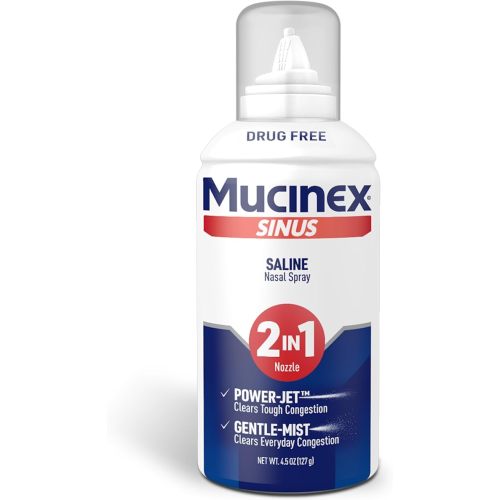 Mucinex Sinus Saline Nasal Spray & Sinus Rinse, Drug-Free, Additive Free, Non-Drowsy Nasal Irrigation with 2-in-1 Jet + Mist Spray Nozzle for Cold & Allergy Season, 4.5oz