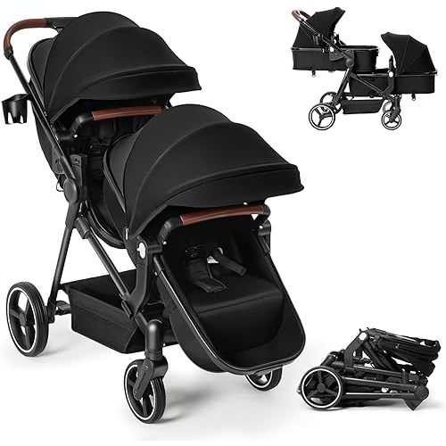 Double Stroller Newborn and Toddler, Foldable Tandem Twin Baby Travel Stroller, Reversible Seat, Adjustable Backrest/Canopy, Storage Basket, for 0-3 Kids