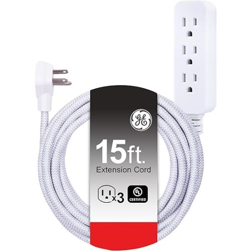 GE 3-Outlet Power Strip Surge Protector 15 Ft Braided Extension Cord with Multiple Outlets Grounded Flat Plug UL Listed White 40530