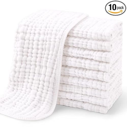 Yoofoss Muslin Burp Cloths for Baby 10 Pack 100% Organic Cotton Baby Washcloths for Boys Girls Large 20''X10'' Super Soft and Absorbent White