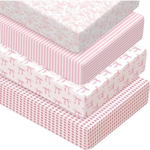 Peryiter 4 Pack Crib Sheets Girl Soft Baby Bed Sheet Set 52'' x 28" Nursery Crib Sheets for Standard Bed for Nursery Decor Baby Boys or Girls(Pink,Coquette Bow)