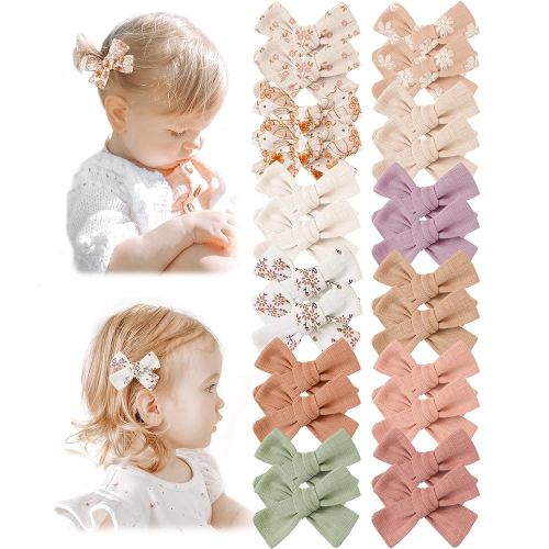 Niceye Baby Hair Clips - 24 Pcs Fully Lined Hair Bow Clips for Fine Hair Cotton Tiny Hair Barrettes for Infants, Toddlers, and Little Girls