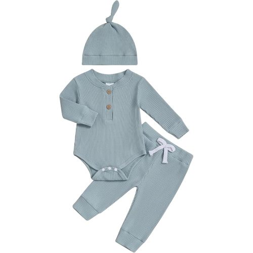 Murnouche Newborn Baby Boy Clothes 0 3 6 12 18 Months Ribbed Knitted Romper Pants with Hat Fall Winter Outfits