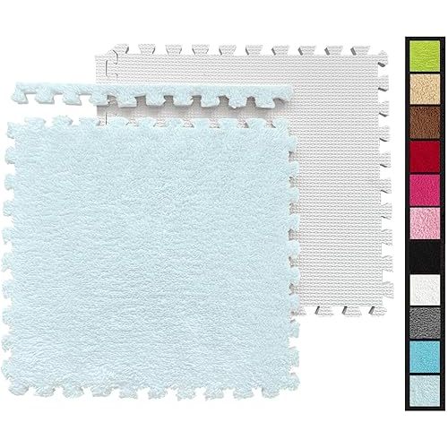 12 Pcs Kids Foam Interlocking Carpet Tiles with Border, Thick Carpet Squares Plush Floor Playmats Baby Crawling Rug - 49" x 37" (SkyBlue, 12 Tiles)