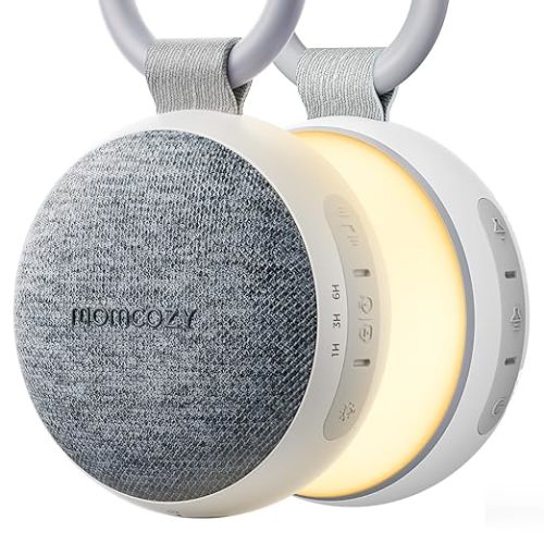 Momcozy Portable Sound Machine with Night Light, White Noise Sound Machine for Baby, 20 Soothing Sounds, Sound Therapy, Long-Lasting Power, Timer, Clips on Stroller, Grey