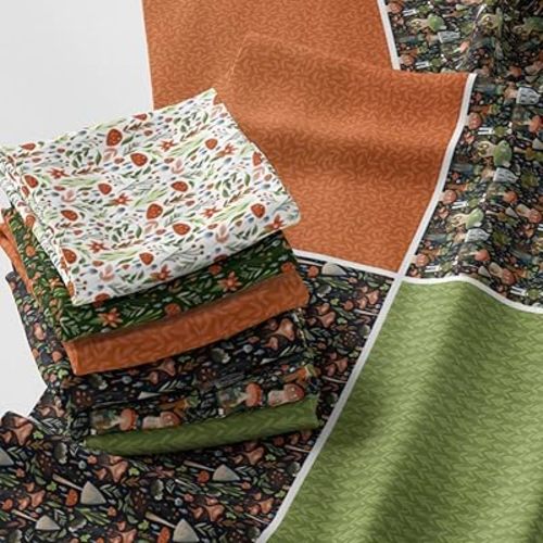 Woodland Patchwork Fabric Panel 100x155 cm – 100% Cotton Satin, 6 Coordinated Forest & Mushroom Prints on One Continuous Sheet for Quilting, Sewing & DIY Crafts(Forest Mushrooms, 6pcs 50x50cm)