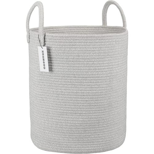 Cotton Rope Laundry Basket Hamper for Clothes Woven Storage Basket for Living Room Bedroom Boho Tall Rope Baskets for Blanket Toys Pillow Towels Baby Nursery Hamper Bin Large light grey