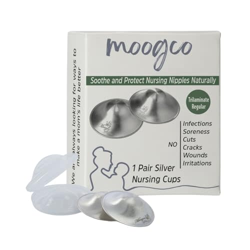 MOOGCO Silver Nursing Cups – 925k Silver Nipple Cups & Shields for Breastfeeding – Protective Silver Nipple Covers for Nursing Moms (Trilaminate Silver, Regular)