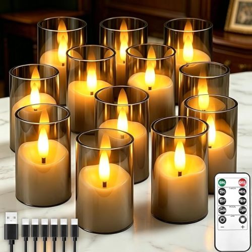 Rechargeable Flameless Candles with Timer Remote, 1.7"x2.6" Clear Acrylic LED Tea Lights Candles，Small Votive Electric LED Candles for Home Aniversary Wedding Holiday Decor Gray(12 Pack)