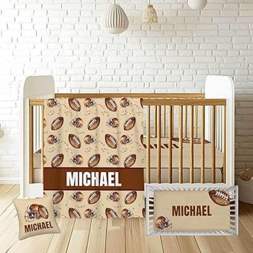 Personalized Football Baby Crib Bedding Set for Boys – Custom Name 3-Piece Nursery Bedding with Blanket, Fitted Crib Sheet & Pillowcase – Soft Infant Toddler Newborn Gift