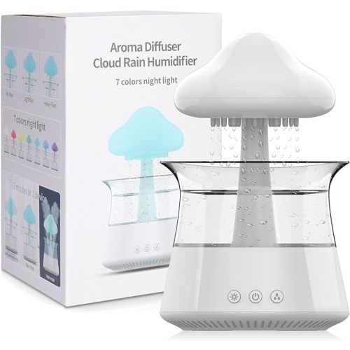 cjc Cloud Rain Humidifier for bedroom with Soothing Rain Sounds Sleep Aid, Waterfall Night Light, Mushroom Design Air Moisturizer,Room Decor Aesthetic for living room (White)