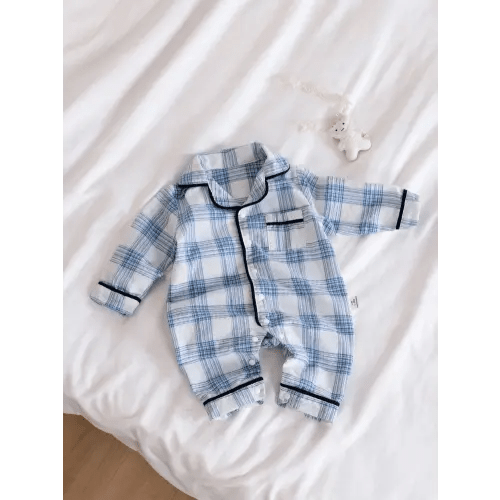 SHEIN Baby Boy Blue Plaid Comfortable Long Sleeve Jumpsuit Pajamas | SHEIN Singapore