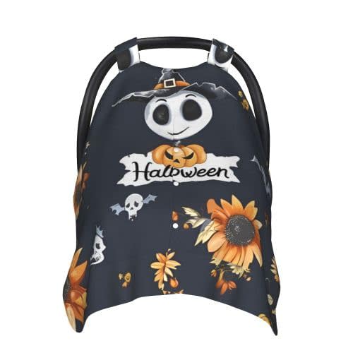 Halloween Pattern in Black Skulls Baby Car Seat Canopy and Nursing Cover for Breastfeeding Multi-Use Cover Lightweight Infant Stretchy Carrier Cover for Newborn Girls Boys