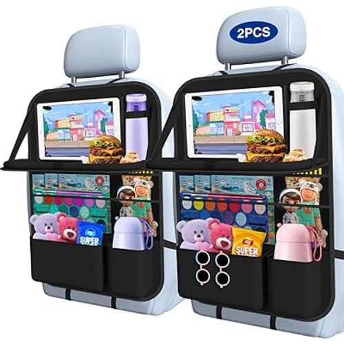 Car Backseat Organizer with Table Tray(2-Pack) 9 Storage Pockets Backseat Car Organizer and storage with Tablet Holder, Kick Mats Back Seat Cover for Kids family Road Trip Essentials Travel
