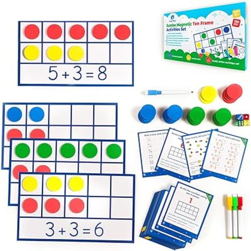 130 PCS Jumbo Magnetic Ten Frame Set, Ten Frames Class Set, Math Manipulatives for Kindergarten, PreK, Preschool, Math Counters, Games for Kids, Magnetic Counters, Teacher and Homeschool Supplies