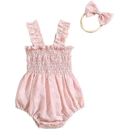 Newborn Baby Girl Clothes Floral Bunny Print Smocked Sleeveless Romper Summer Bodysuit Cute Baby Easter Outfit