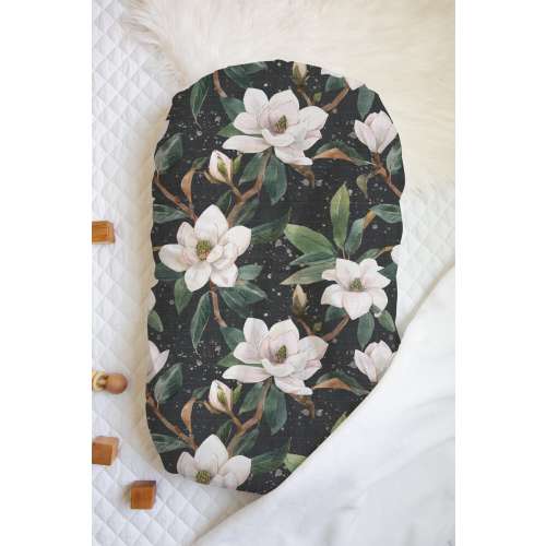 Midnight Magnolia | 100% Organic Cotton Muslin Baby Bedding | Swaddle | Crib Sheet | Moses Basket Sheet | Changing Pad Cover