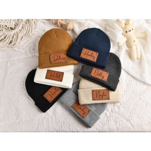 Custom Baby Beanie, Toddler Winter Hat, Kids Youth Child Infant Newborn Gift, Name Hat Engraved Leather Patch Beanie,Personalized Baby Gift