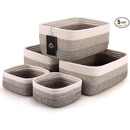 5-Pack Small Woven Rope Storage Baskets – 2 Sizes Organizer Bins for Closet, Shelf, Bookshelf, Nursery, Changing Table, Fabric Cube Boxes, Rectangular Shallow Bins for Bathroom, Toy & Home