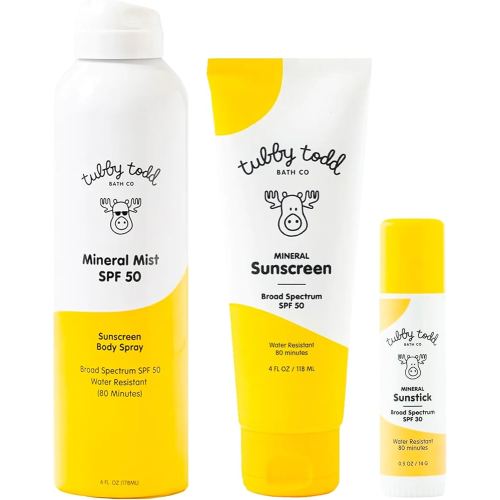 Tubby Todd Face and Body Mineral Protection Sunscreen Kit for Baby, Toddler and Kids - The Sun Bundle - Sunscreen Lotion 4 Fl Oz, Sunscreen Spray 6 Fl Oz and Sunstick 0.5 Oz - Fragrance-Free