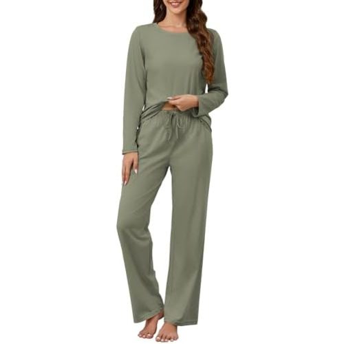 KCW Womens Pajamas Sets 100% Cotton 2 Piece Lounge Set Long Sleeve Tops and Pants Soft Pjs Sleepwear with Pockets