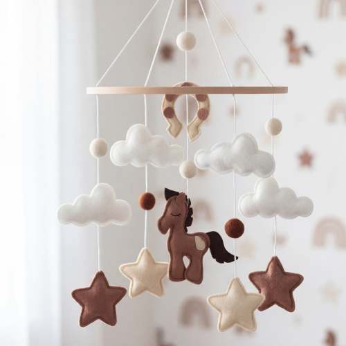 Sleepy Time Felt Mobile - Horse, Horseshoe & Brown Clouds