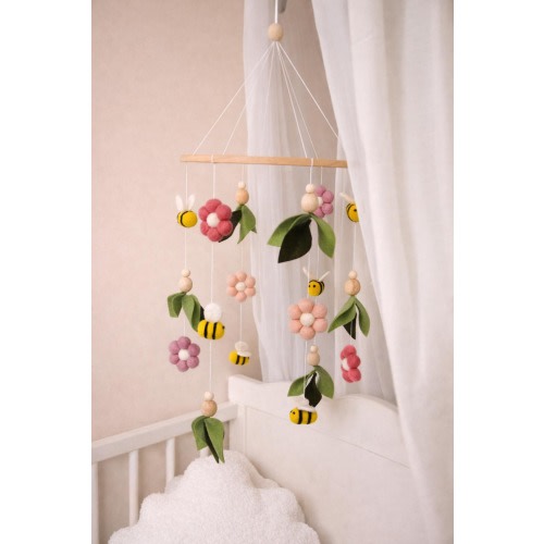 Floral-Themed Bees & Flowers Baby crib Mobile, boucle nursery decor, baby shower gift for baby announcement